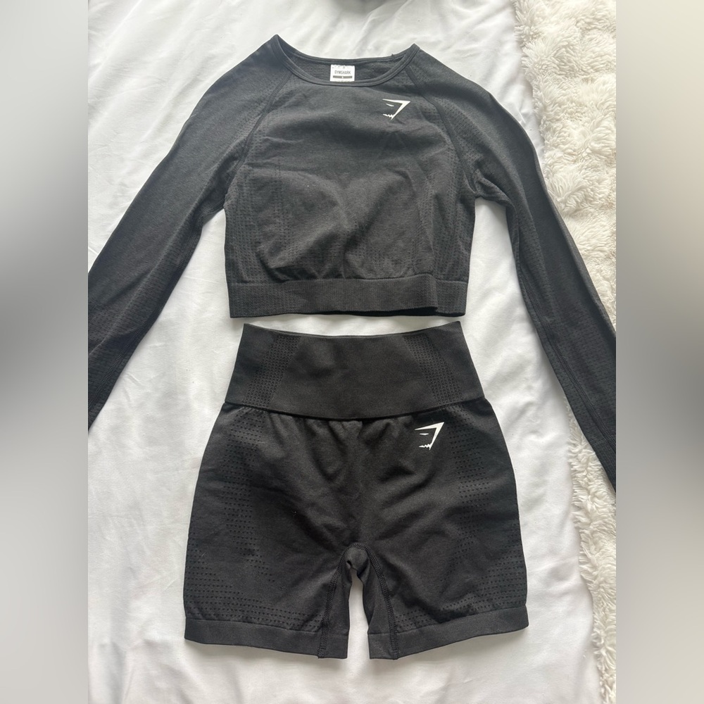 Gymshark Charcoal Long Sleeve Crop Top and Shorts